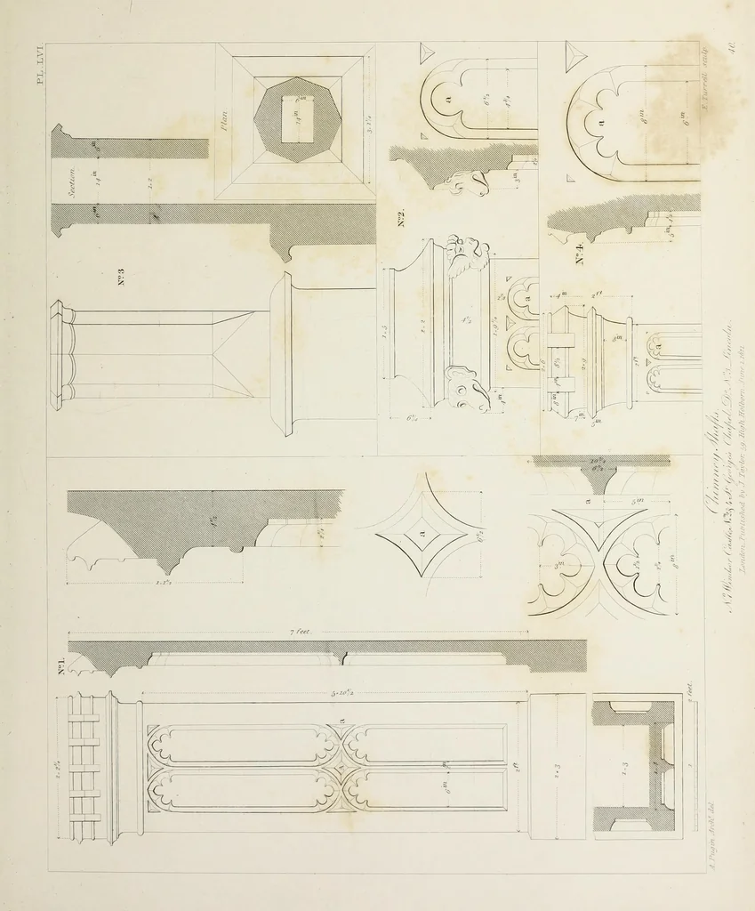 An illustration from Specimens of Gothic architecture : selected from various ancient edifices in England : consisting of plans, elevations, sections, and parts at large, calculated to exemplify the various styles, and the practical construction of this admired class of architecture, 1825, leaf 230
