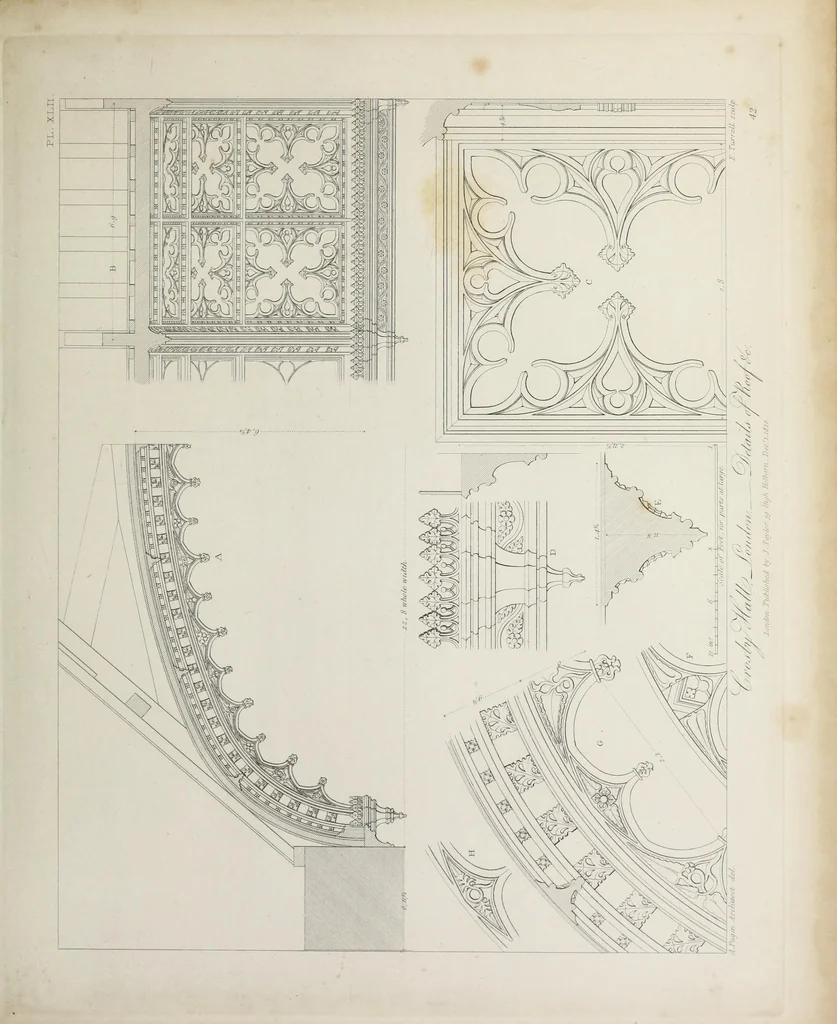 An illustration from Specimens of Gothic architecture : selected from various ancient edifices in England : consisting of plans, elevations, sections, and parts at large, calculated to exemplify the various styles, and the practical construction of this admired class of architecture, 1825, leaf 238