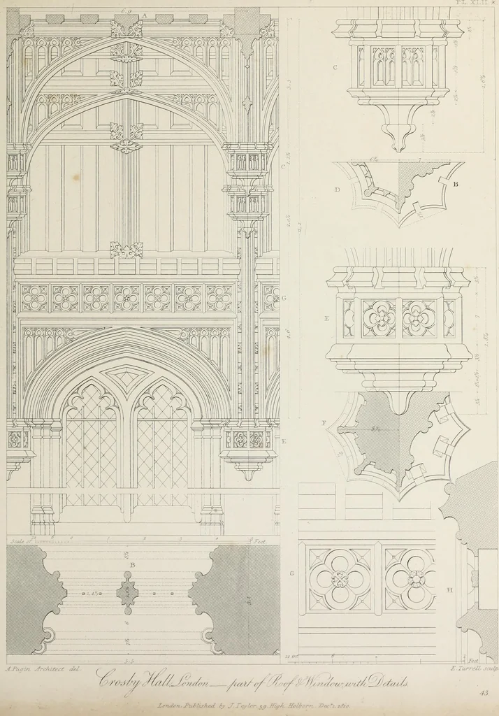 An illustration from Specimens of Gothic architecture : selected from various ancient edifices in England : consisting of plans, elevations, sections, and parts at large, calculated to exemplify the various styles, and the practical construction of this admired class of architecture, 1825, leaf 242