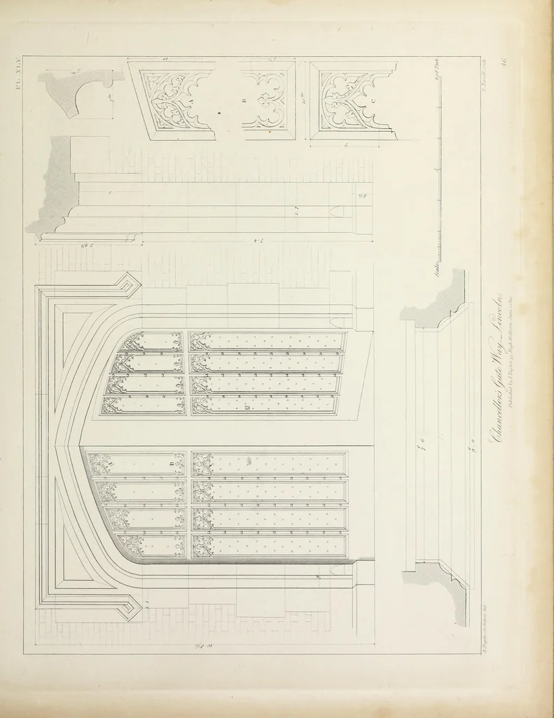 An illustration from Specimens of Gothic architecture : selected from various ancient edifices in England : consisting of plans, elevations, sections, and parts at large, calculated to exemplify the various styles, and the practical construction of this admired class of architecture, 1825, leaf 254