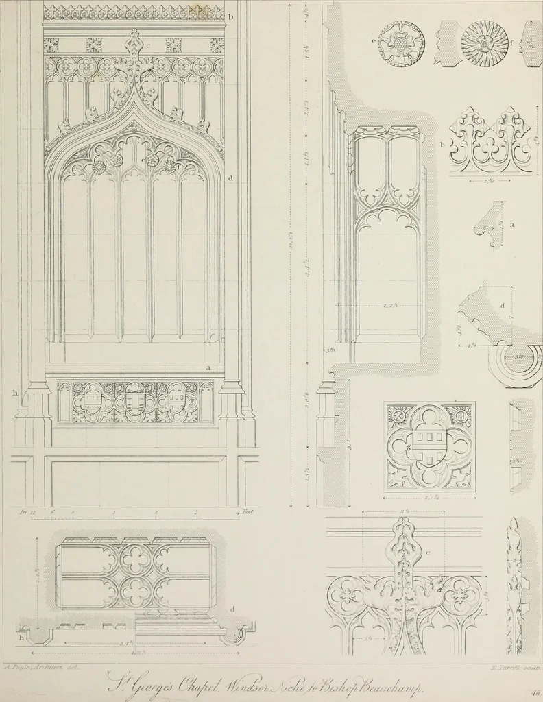 An illustration from Specimens of Gothic architecture : selected from various ancient edifices in England : consisting of plans, elevations, sections, and parts at large, calculated to exemplify the various styles, and the practical construction of this admired class of architecture, 1825, leaf 262
