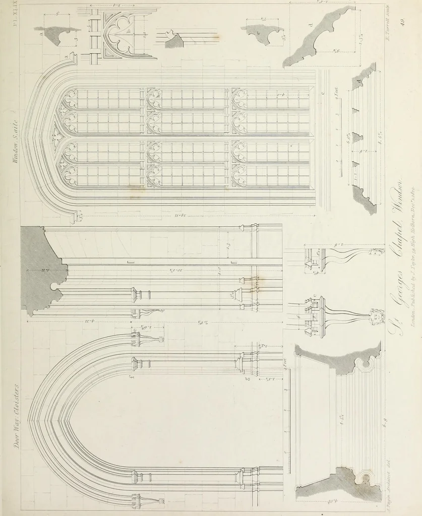 An illustration from Specimens of Gothic architecture : selected from various ancient edifices in England : consisting of plans, elevations, sections, and parts at large, calculated to exemplify the various styles, and the practical construction of this admired class of architecture, 1825, leaf 266