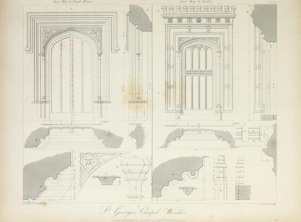 An illustration from Specimens of Gothic architecture : selected from various ancient edifices in England : consisting of plans, elevations, sections, and parts at large, calculated to exemplify the various styles, and the practical construction of this admired class of architecture, 1825, leaf 270