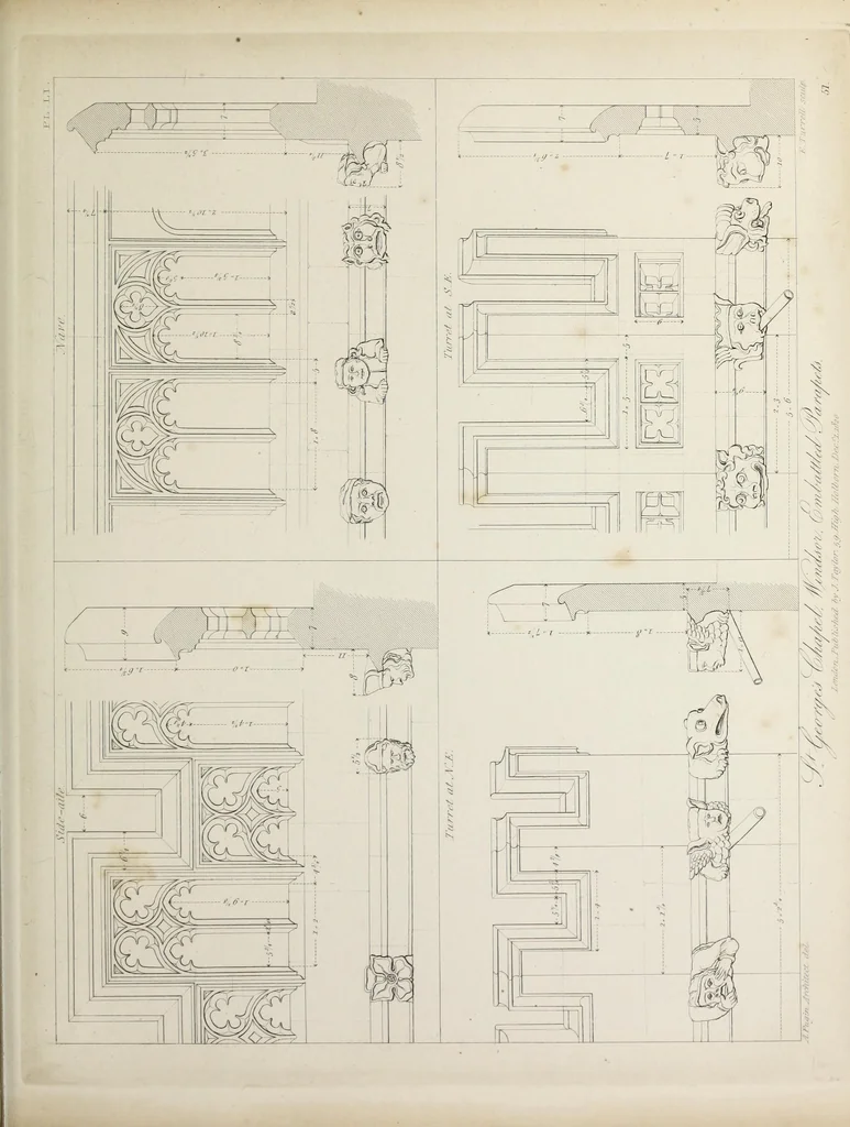 An illustration from Specimens of Gothic architecture : selected from various ancient edifices in England : consisting of plans, elevations, sections, and parts at large, calculated to exemplify the various styles, and the practical construction of this admired class of architecture, 1825, leaf 274