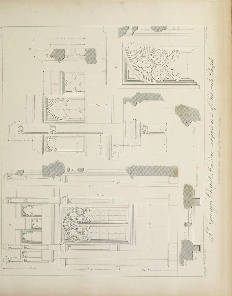 An illustration from Specimens of Gothic architecture : selected from various ancient edifices in England : consisting of plans, elevations, sections, and parts at large, calculated to exemplify the various styles, and the practical construction of this admired class of architecture, 1825, leaf 278
