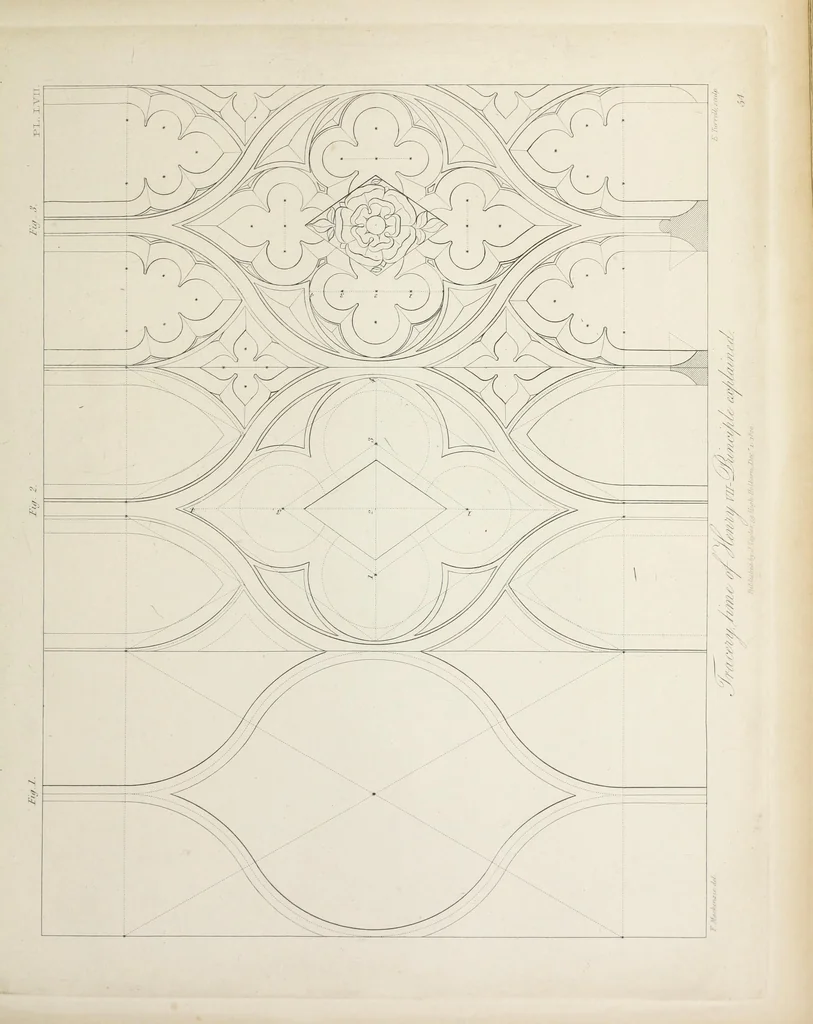 An illustration from Specimens of Gothic architecture : selected from various ancient edifices in England : consisting of plans, elevations, sections, and parts at large, calculated to exemplify the various styles, and the practical construction of this admired class of architecture, 1825, leaf 282