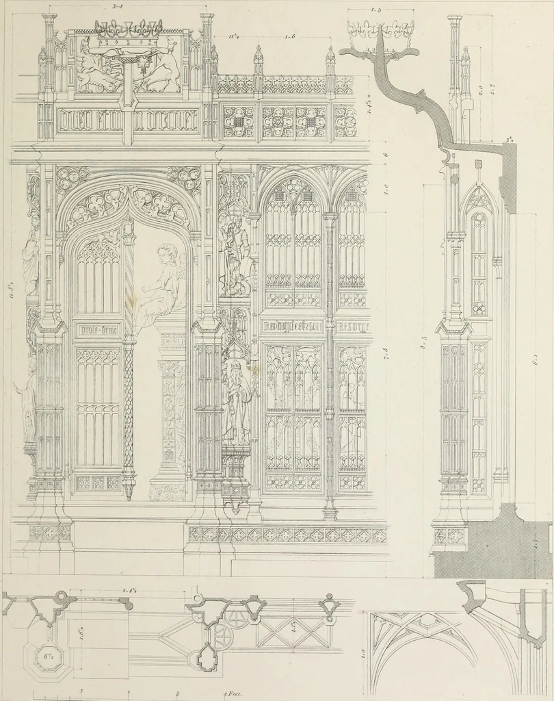 An illustration from Specimens of Gothic architecture : selected from various ancient edifices in England : consisting of plans, elevations, sections, and parts at large, calculated to exemplify the various styles, and the practical construction of this admired class of architecture, 1825, leaf 286
