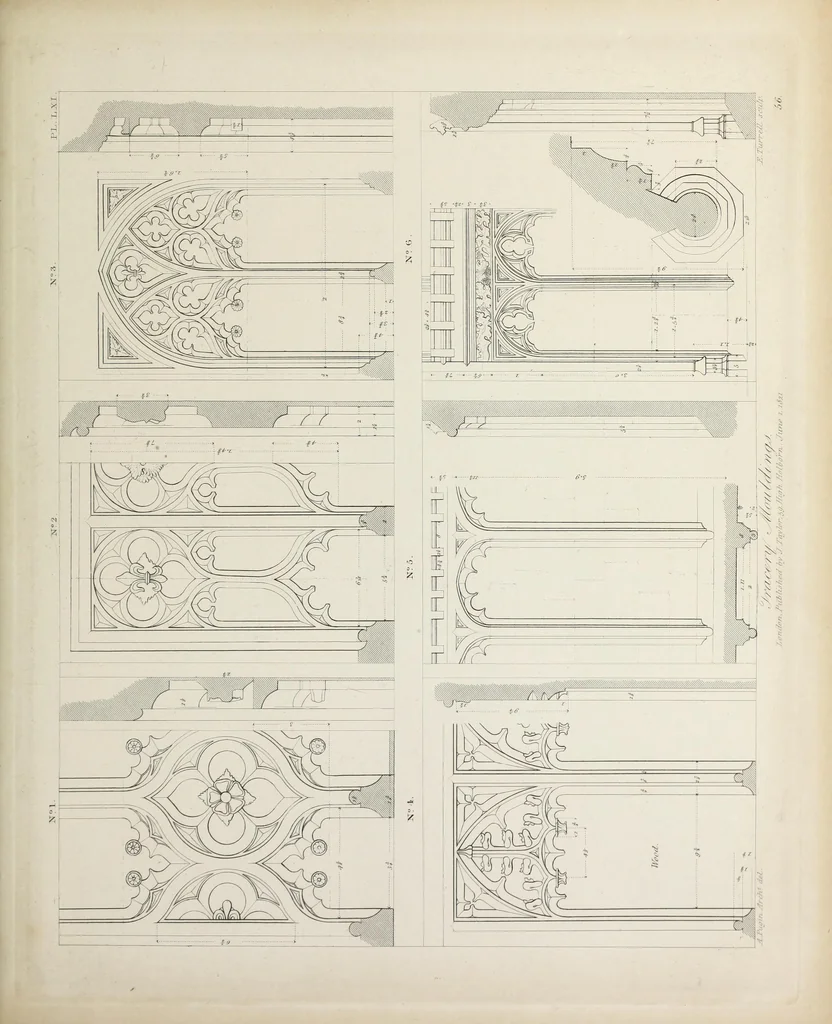 An illustration from Specimens of Gothic architecture : selected from various ancient edifices in England : consisting of plans, elevations, sections, and parts at large, calculated to exemplify the various styles, and the practical construction of this admired class of architecture, 1825, leaf 290