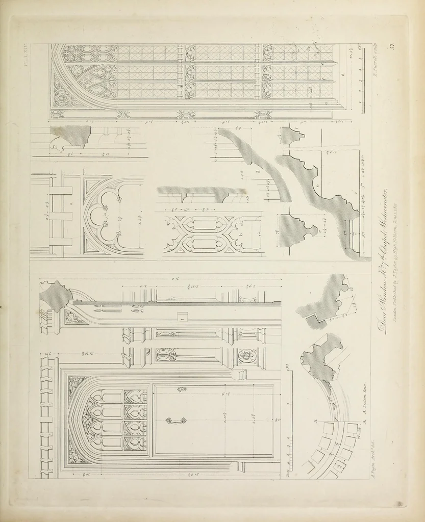 An illustration from Specimens of Gothic architecture : selected from various ancient edifices in England : consisting of plans, elevations, sections, and parts at large, calculated to exemplify the various styles, and the practical construction of this admired class of architecture, 1825, leaf 294