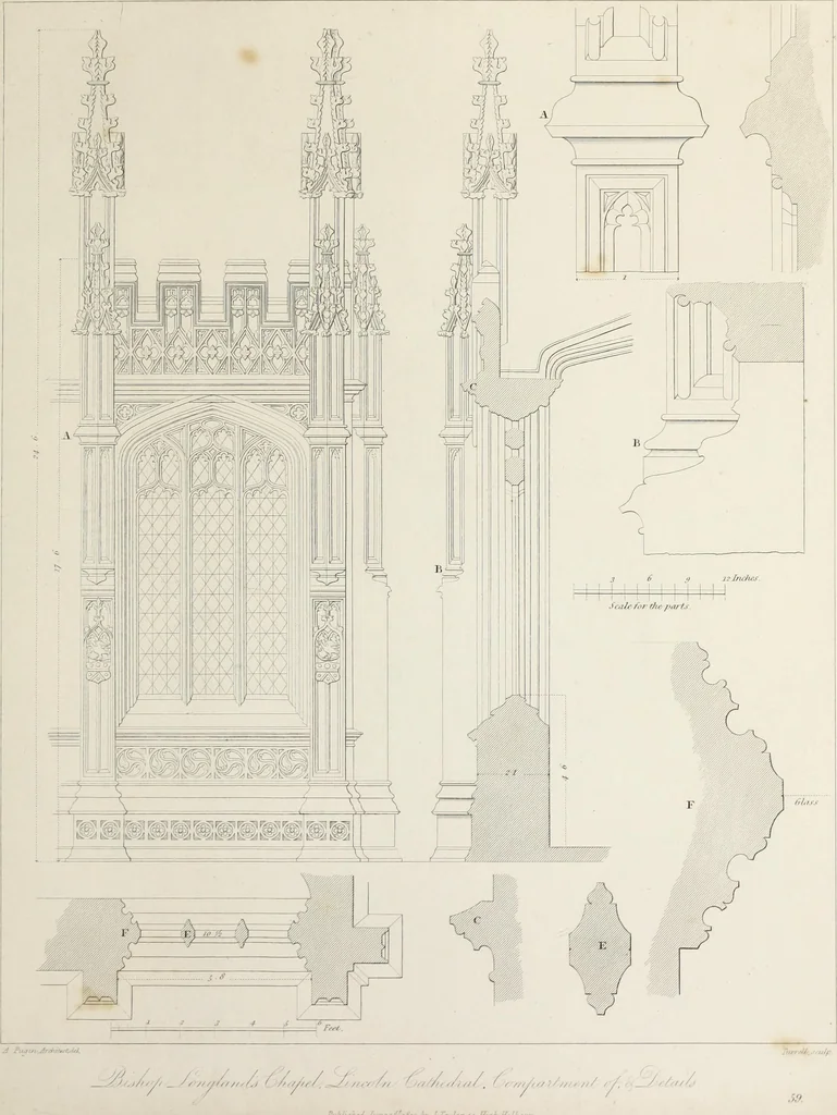 An illustration from Specimens of Gothic architecture : selected from various ancient edifices in England : consisting of plans, elevations, sections, and parts at large, calculated to exemplify the various styles, and the practical construction of this admired class of architecture, 1825, leaf 302