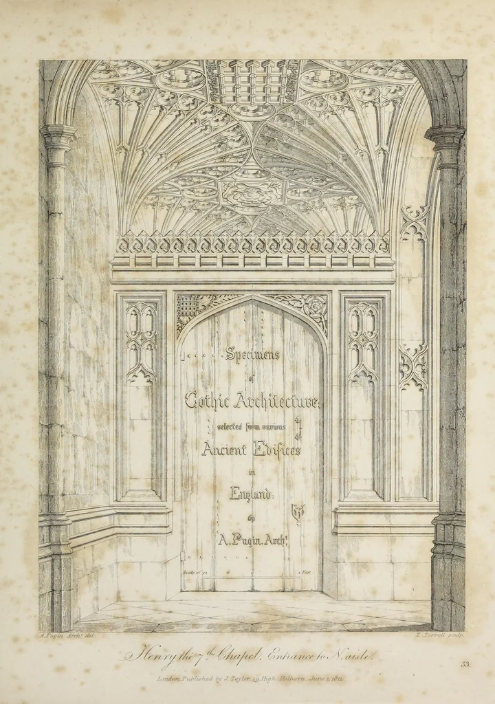An illustration from Specimens of Gothic architecture : selected from various ancient edifices in England : consisting of plans, elevations, sections, and parts at large, calculated to exemplify the various styles, and the practical construction of this admired class of architecture, 1825, leaf 6