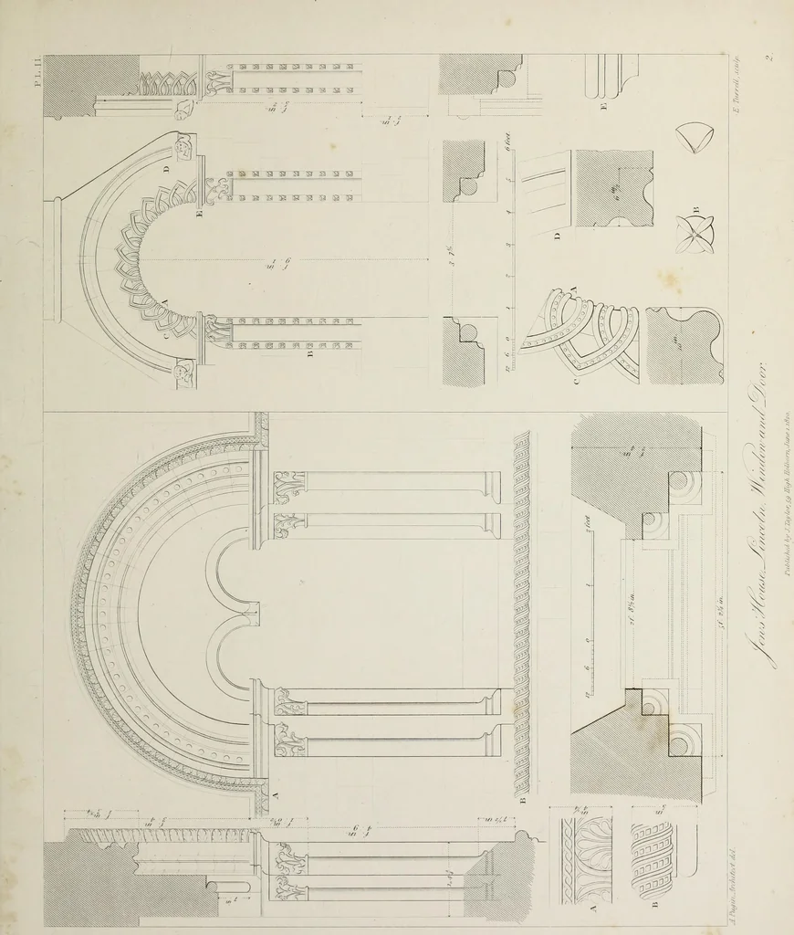 An illustration from Specimens of Gothic architecture : selected from various ancient edifices in England : consisting of plans, elevations, sections, and parts at large, calculated to exemplify the various styles, and the practical construction of this admired class of architecture, 1825, leaf 78