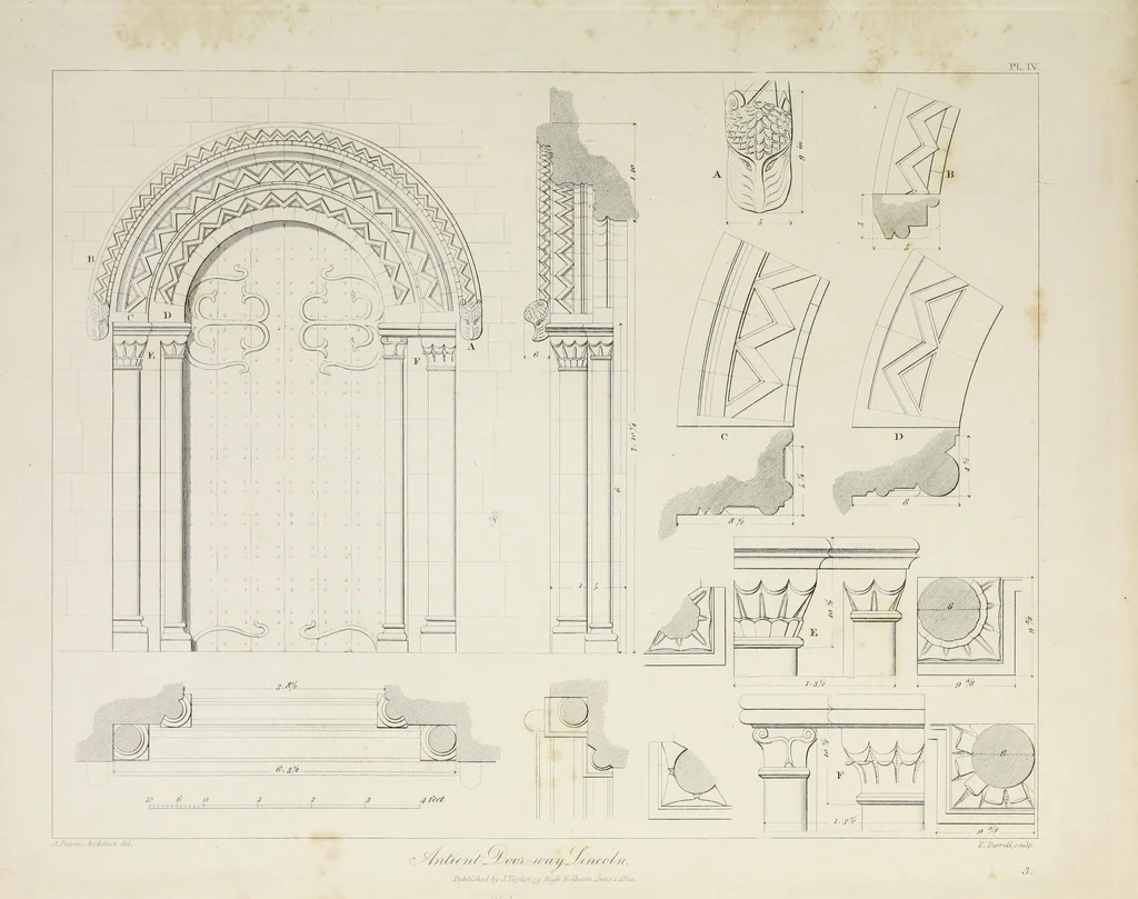 An illustration from Specimens of Gothic architecture : selected from various ancient edifices in England : consisting of plans, elevations, sections, and parts at large, calculated to exemplify the various styles, and the practical construction of this admired class of architecture, 1825, leaf 82