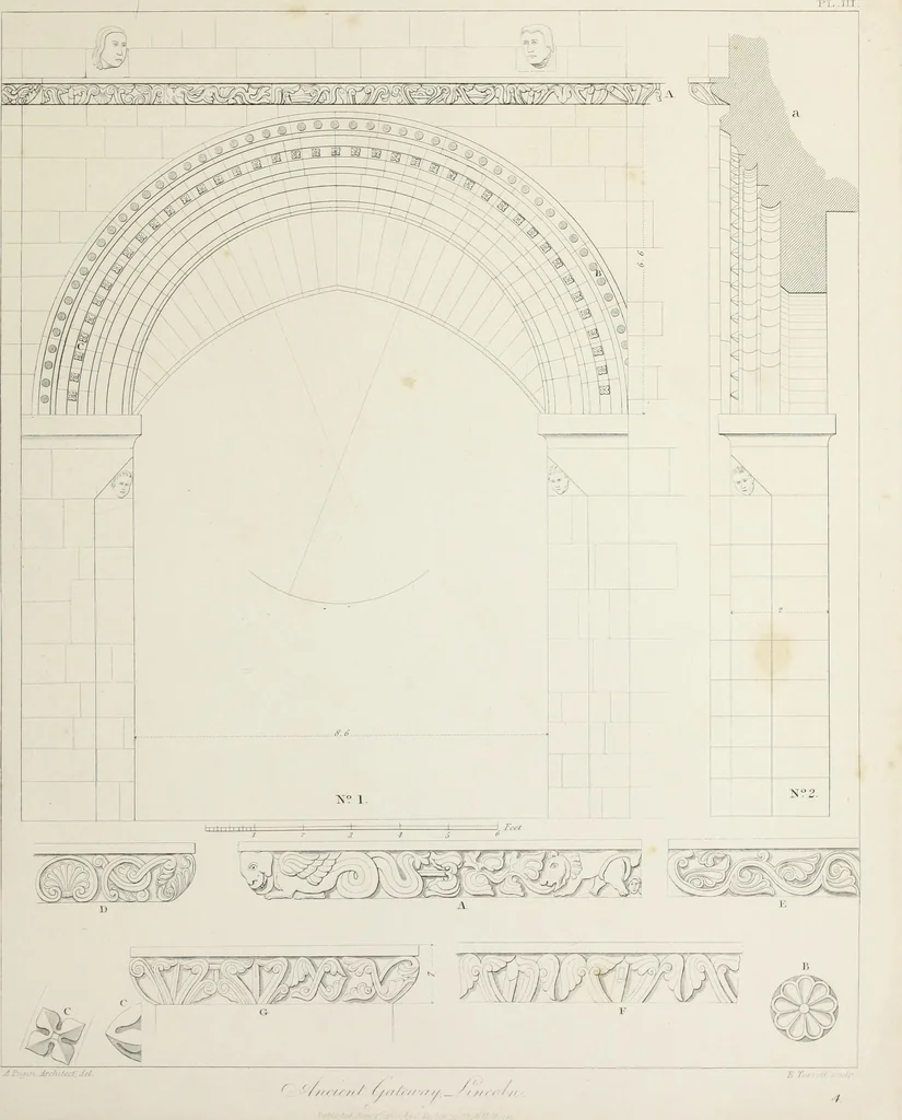 An illustration from Specimens of Gothic architecture : selected from various ancient edifices in England : consisting of plans, elevations, sections, and parts at large, calculated to exemplify the various styles, and the practical construction of this admired class of architecture, 1825, leaf 86