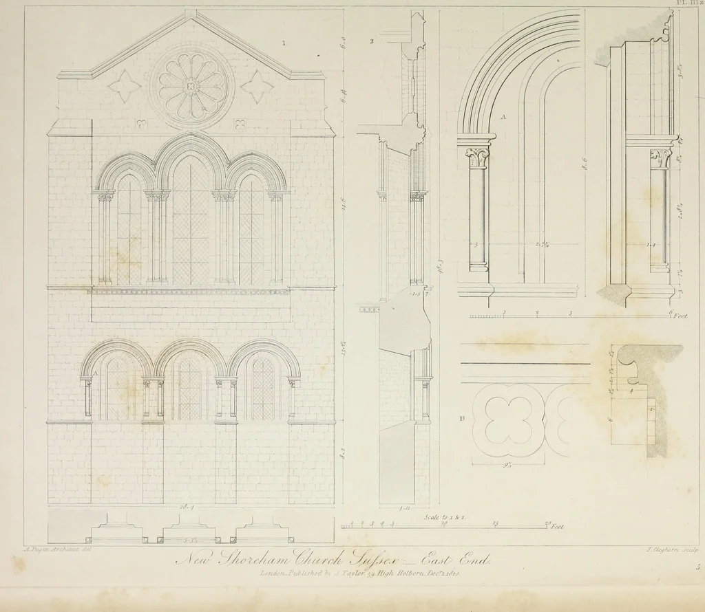 An illustration from Specimens of Gothic architecture : selected from various ancient edifices in England : consisting of plans, elevations, sections, and parts at large, calculated to exemplify the various styles, and the practical construction of this admired class of architecture, 1825, leaf 90