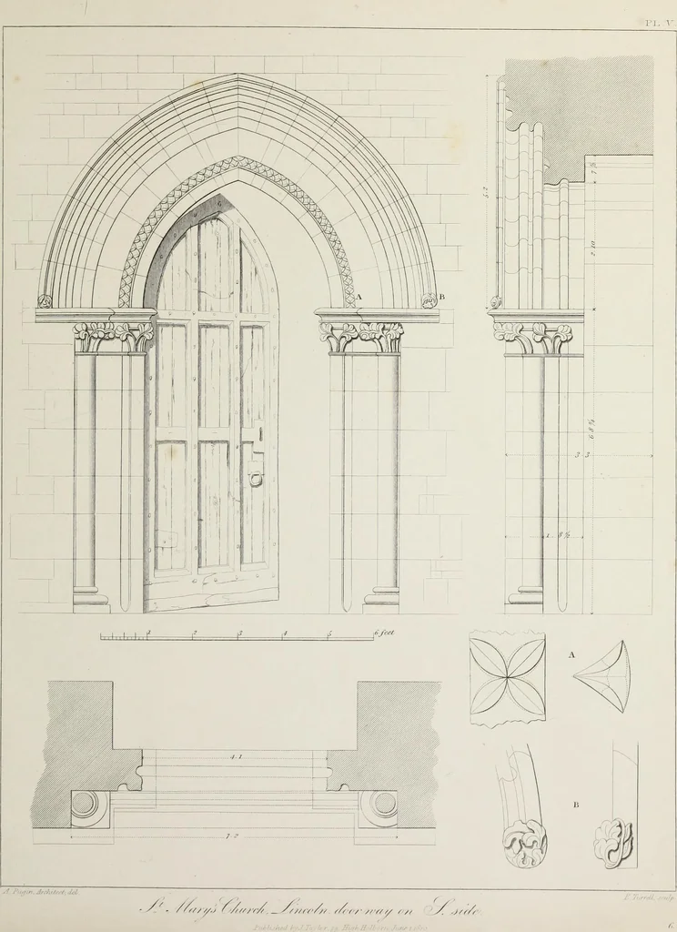 An illustration from Specimens of Gothic architecture : selected from various ancient edifices in England : consisting of plans, elevations, sections, and parts at large, calculated to exemplify the various styles, and the practical construction of this admired class of architecture, 1825, leaf 94
