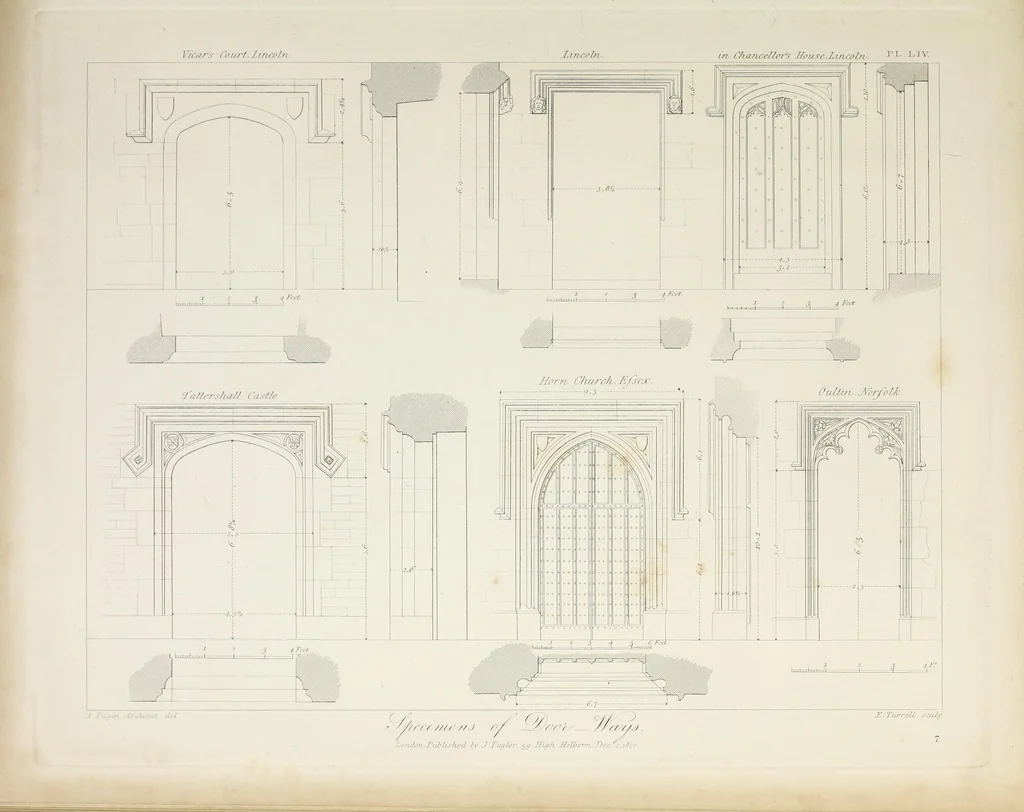 An illustration from Specimens of Gothic architecture : selected from various ancient edifices in England : consisting of plans, elevations, sections, and parts at large, calculated to exemplify the various styles, and the practical construction of this admired class of architecture, 1825, leaf 98