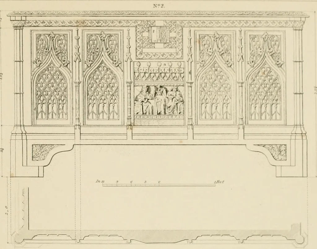 An illustration from Specimens of Gothic architecture; selected from various ancient edifices in England: consisting of plans, elevations, sections, and parts at large .., 1825, leaf 144