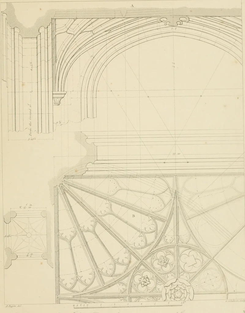 An illustration from Specimens of Gothic architecture; selected from various ancient edifices in England: consisting of plans, elevations, sections, and parts at large .., 1825, leaf 74