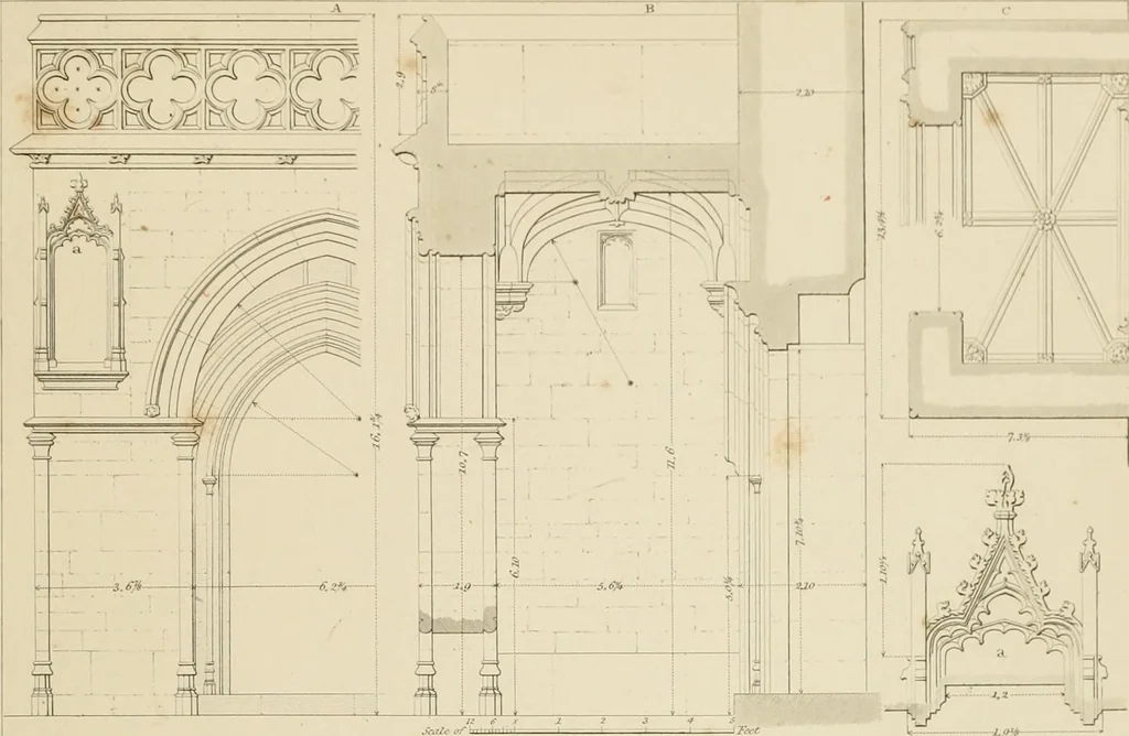 An illustration from Specimens of Gothic architecture; selected from various ancient edifices in England: consisting of plans, elevations, sections, and parts at large .., 1825, leaf 96