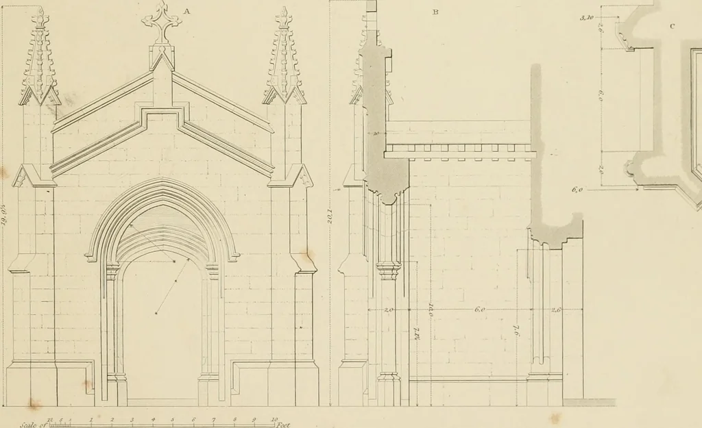 An illustration from Specimens of Gothic architecture; selected from various ancient edifices in England: consisting of plans, elevations, sections, and parts at large .., 1825, leaf 96