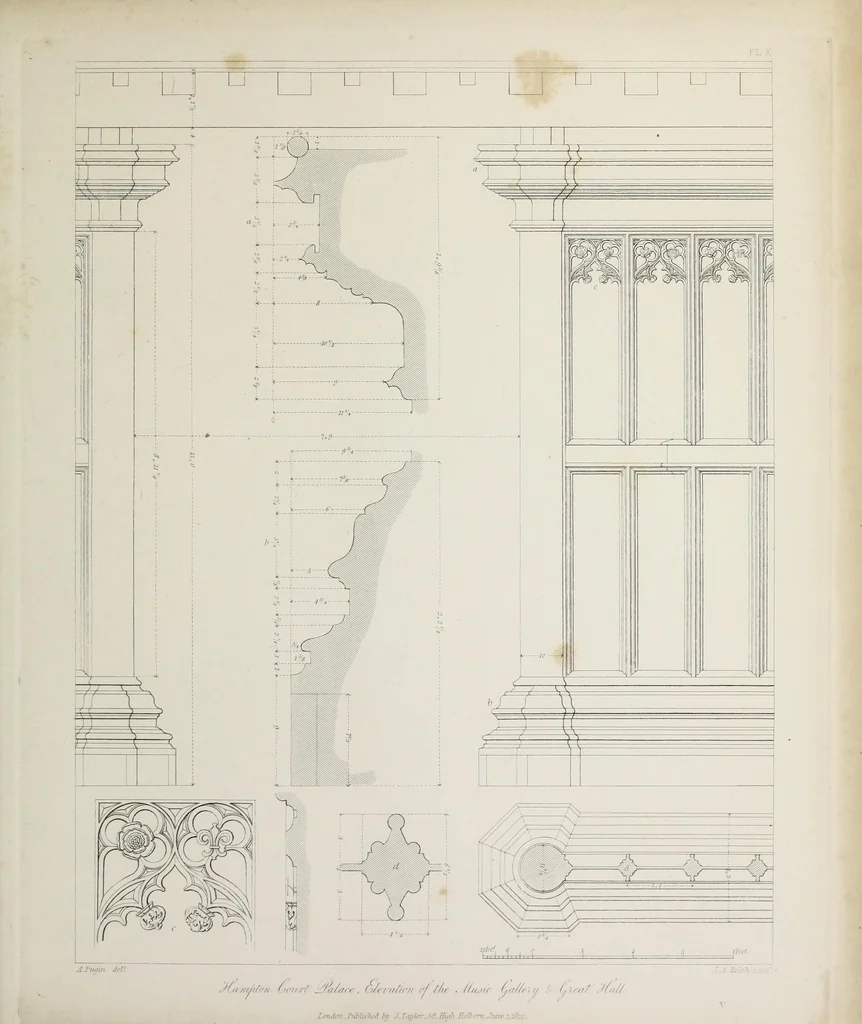 An illustration from Specimens of Gothic architecture : selected from various ancient edifices in England : consisting of plans, elevations, sections, and parts at large, calculated to exemplify the various styles, and the practical construction of this admired class of architecture, 1825, leaf 100