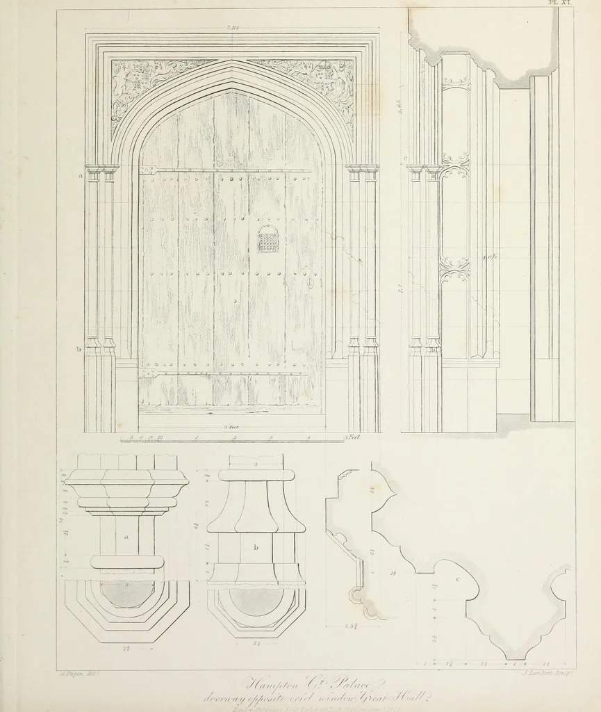An illustration from Specimens of Gothic architecture : selected from various ancient edifices in England : consisting of plans, elevations, sections, and parts at large, calculated to exemplify the various styles, and the practical construction of this admired class of architecture, 1825, leaf 104