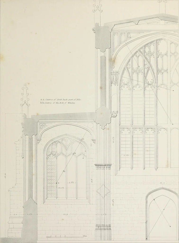 An illustration from Specimens of Gothic architecture : selected from various ancient edifices in England : consisting of plans, elevations, sections, and parts at large, calculated to exemplify the various styles, and the practical construction of this admired class of architecture, 1825, leaf 116