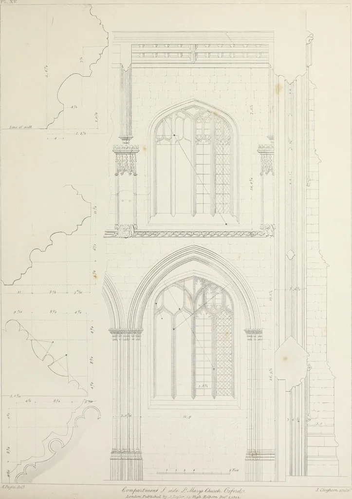 An illustration from Specimens of Gothic architecture : selected from various ancient edifices in England : consisting of plans, elevations, sections, and parts at large, calculated to exemplify the various styles, and the practical construction of this admired class of architecture, 1825, leaf 120