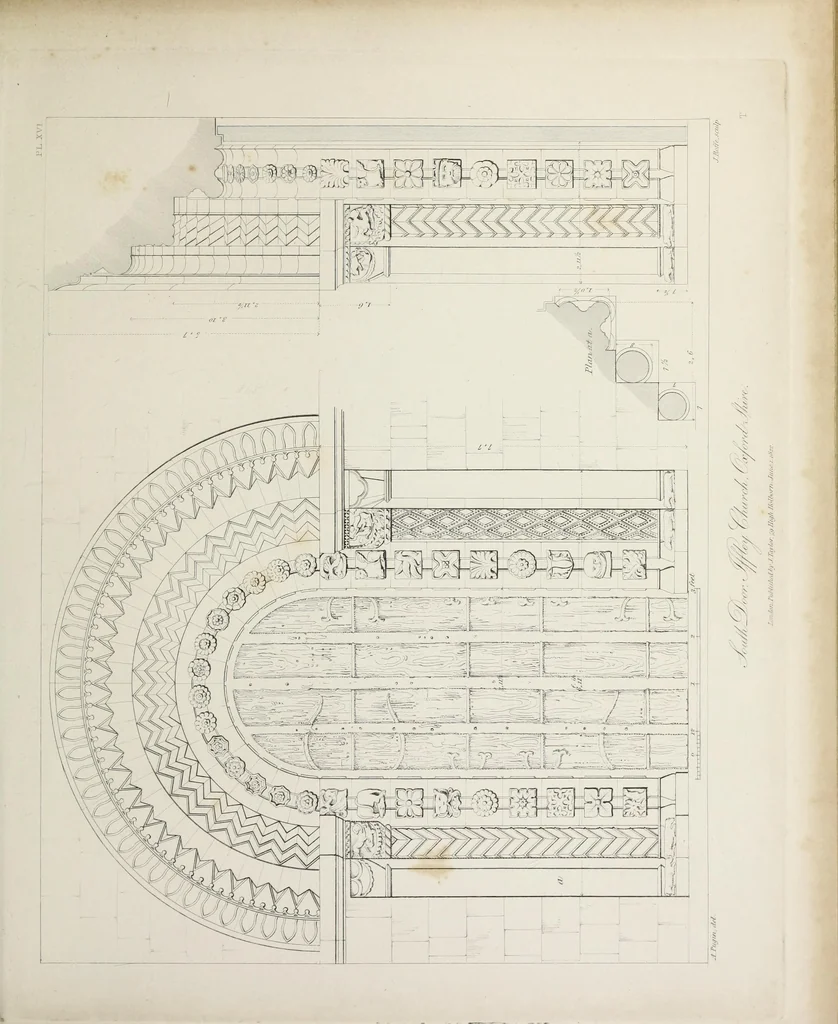An illustration from Specimens of Gothic architecture : selected from various ancient edifices in England : consisting of plans, elevations, sections, and parts at large, calculated to exemplify the various styles, and the practical construction of this admired class of architecture, 1825, leaf 124