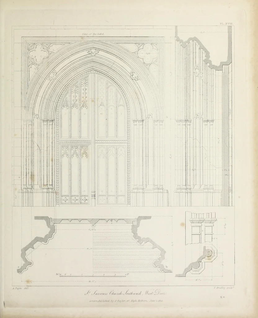 An illustration from Specimens of Gothic architecture : selected from various ancient edifices in England : consisting of plans, elevations, sections, and parts at large, calculated to exemplify the various styles, and the practical construction of this admired class of architecture, 1825, leaf 128