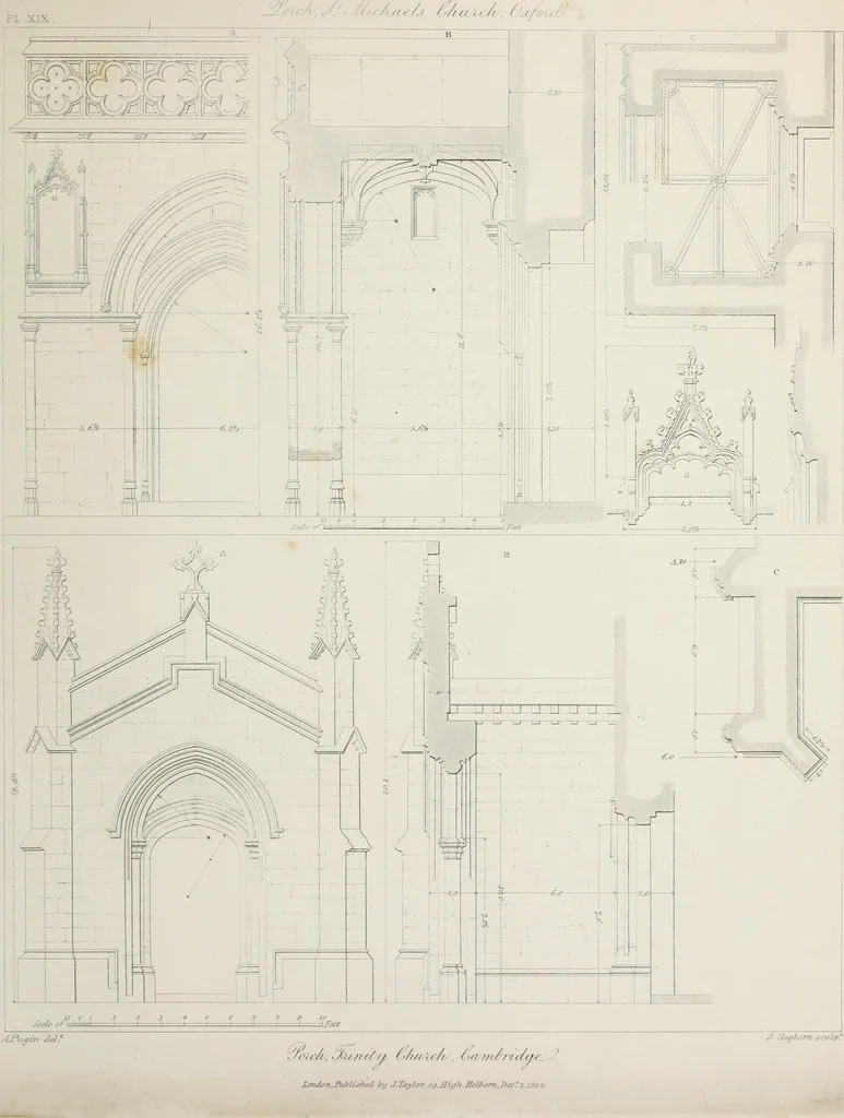 An illustration from Specimens of Gothic architecture : selected from various ancient edifices in England : consisting of plans, elevations, sections, and parts at large, calculated to exemplify the various styles, and the practical construction of this admired class of architecture, 1825, leaf 136