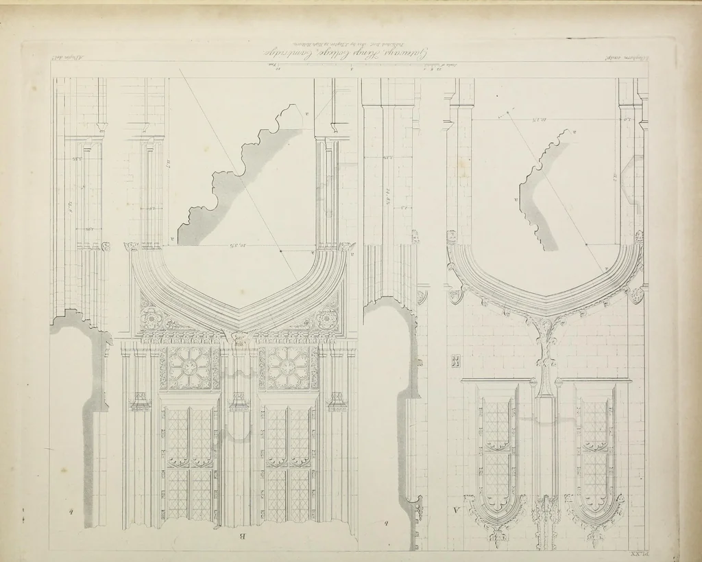 An illustration from Specimens of Gothic architecture : selected from various ancient edifices in England : consisting of plans, elevations, sections, and parts at large, calculated to exemplify the various styles, and the practical construction of this admired class of architecture, 1825, leaf 140