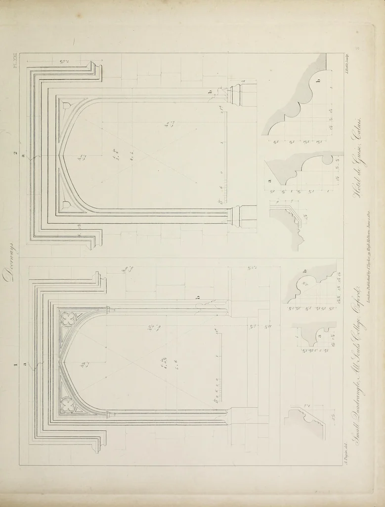 An illustration from Specimens of Gothic architecture : selected from various ancient edifices in England : consisting of plans, elevations, sections, and parts at large, calculated to exemplify the various styles, and the practical construction of this admired class of architecture, 1825, leaf 144