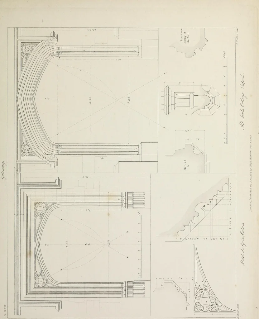 An illustration from Specimens of Gothic architecture : selected from various ancient edifices in England : consisting of plans, elevations, sections, and parts at large, calculated to exemplify the various styles, and the practical construction of this admired class of architecture, 1825, leaf 148