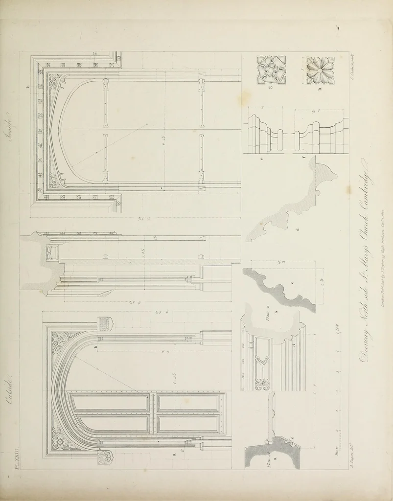 An illustration from Specimens of Gothic architecture : selected from various ancient edifices in England : consisting of plans, elevations, sections, and parts at large, calculated to exemplify the various styles, and the practical construction of this admired class of architecture, 1825, leaf 152