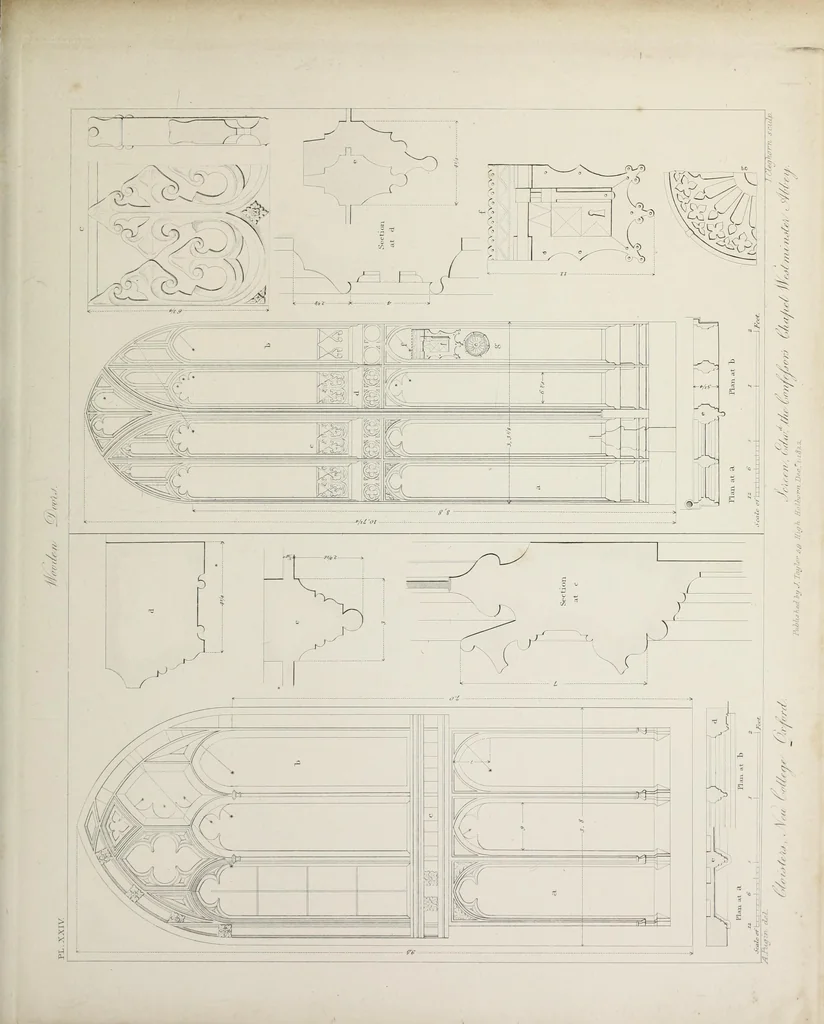 An illustration from Specimens of Gothic architecture : selected from various ancient edifices in England : consisting of plans, elevations, sections, and parts at large, calculated to exemplify the various styles, and the practical construction of this admired class of architecture, 1825, leaf 156