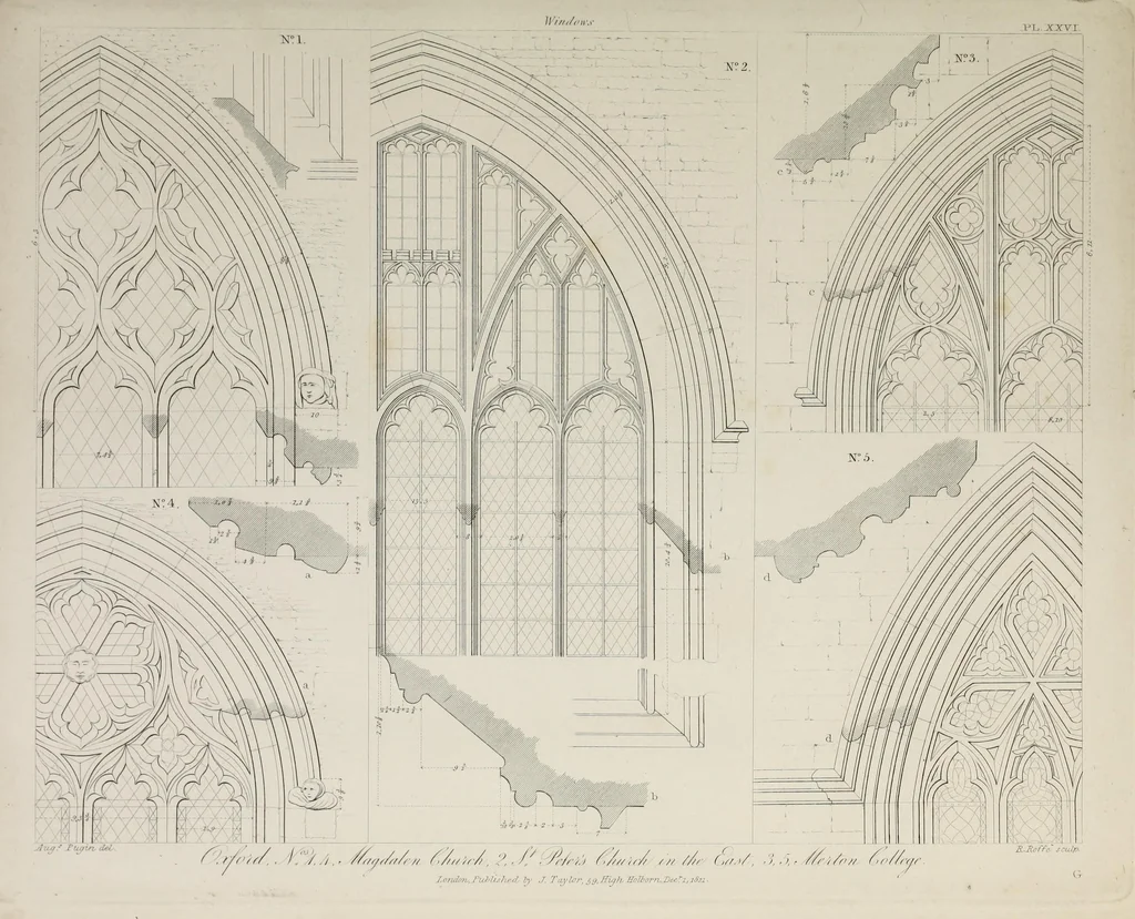 An illustration from Specimens of Gothic architecture : selected from various ancient edifices in England : consisting of plans, elevations, sections, and parts at large, calculated to exemplify the various styles, and the practical construction of this admired class of architecture, 1825, leaf 160