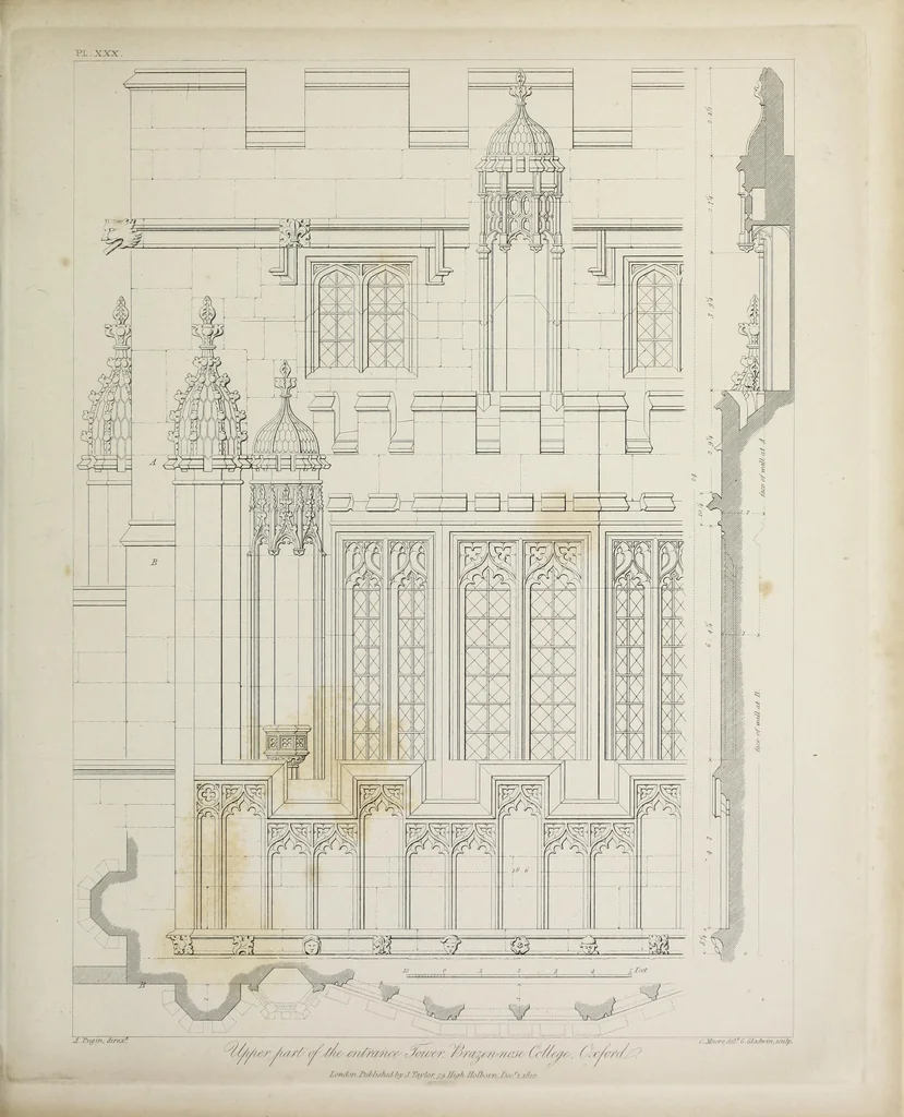 An illustration from Specimens of Gothic architecture : selected from various ancient edifices in England : consisting of plans, elevations, sections, and parts at large, calculated to exemplify the various styles, and the practical construction of this admired class of architecture, 1825, leaf 176