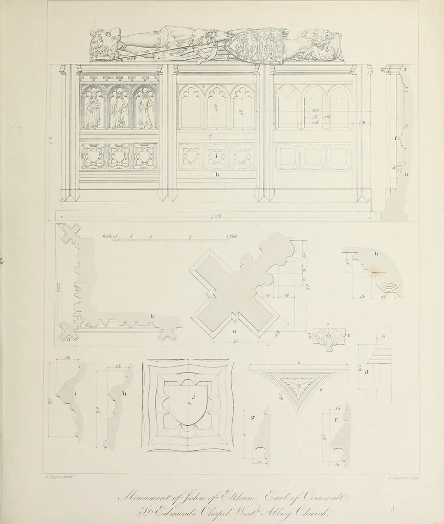 An illustration from Specimens of Gothic architecture : selected from various ancient edifices in England : consisting of plans, elevations, sections, and parts at large, calculated to exemplify the various styles, and the practical construction of this admired class of architecture, 1825, leaf 180