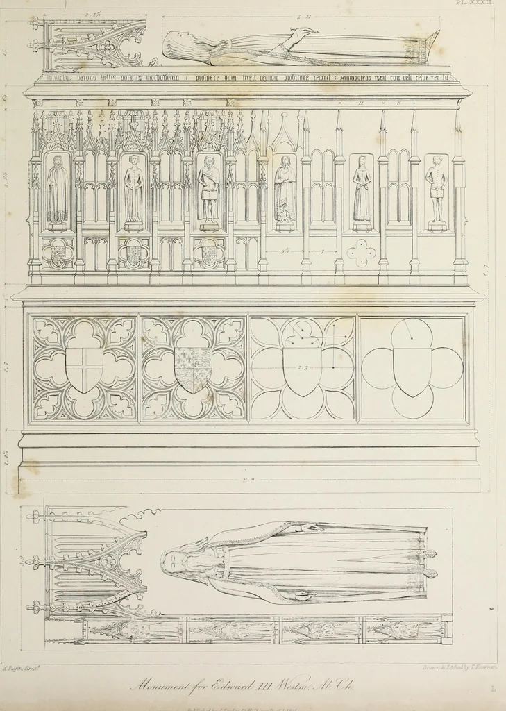 An illustration from Specimens of Gothic architecture : selected from various ancient edifices in England : consisting of plans, elevations, sections, and parts at large, calculated to exemplify the various styles, and the practical construction of this admired class of architecture, 1825, leaf 184