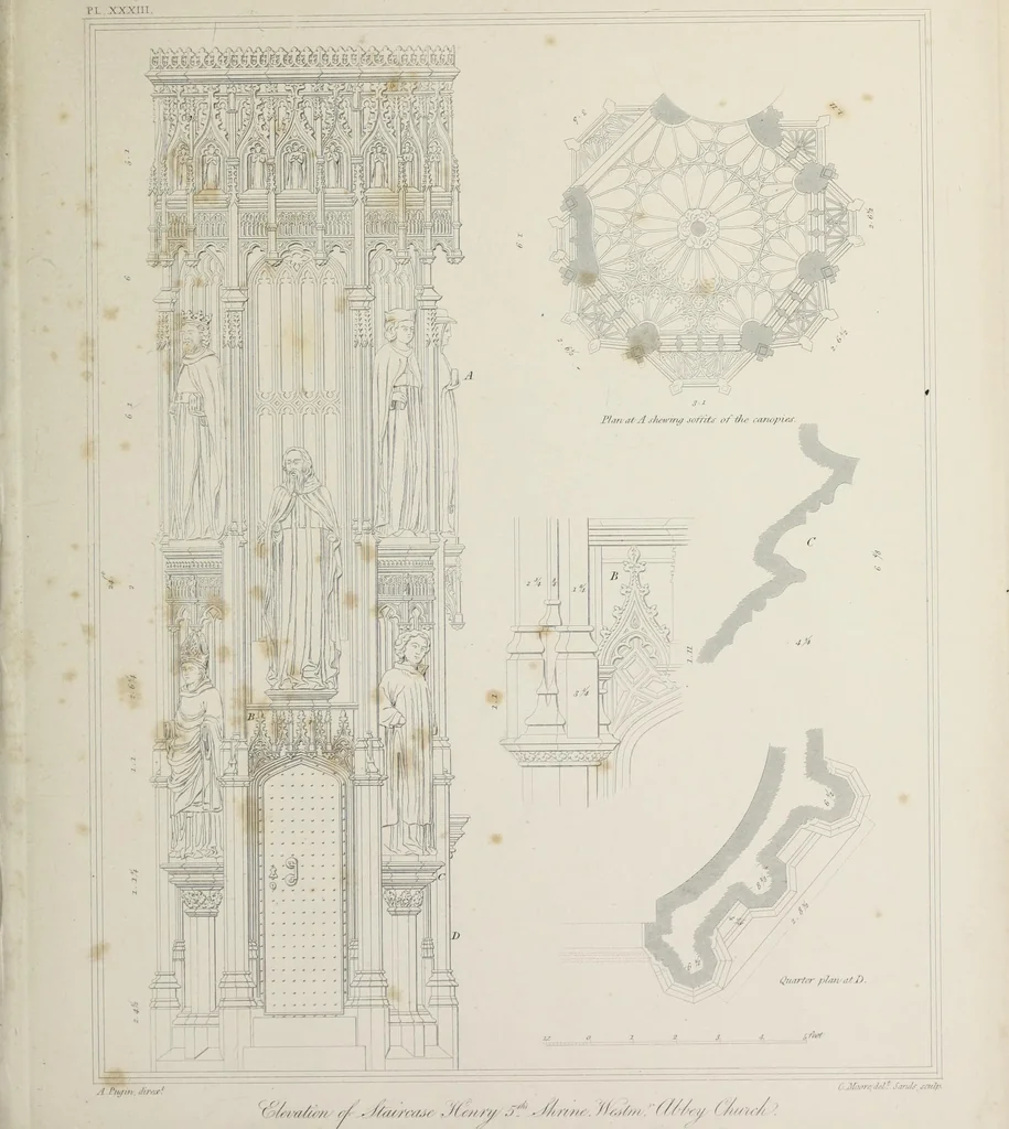 An illustration from Specimens of Gothic architecture : selected from various ancient edifices in England : consisting of plans, elevations, sections, and parts at large, calculated to exemplify the various styles, and the practical construction of this admired class of architecture, 1825, leaf 188