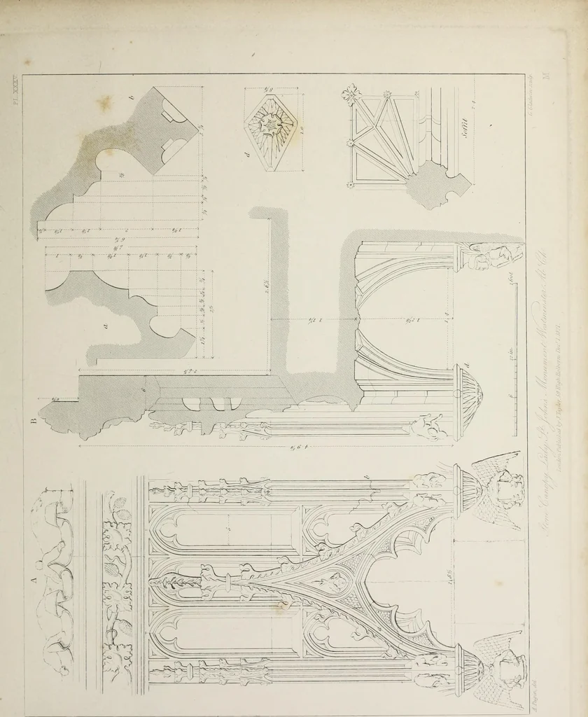 An illustration from Specimens of Gothic architecture : selected from various ancient edifices in England : consisting of plans, elevations, sections, and parts at large, calculated to exemplify the various styles, and the practical construction of this admired class of architecture, 1825, leaf 196
