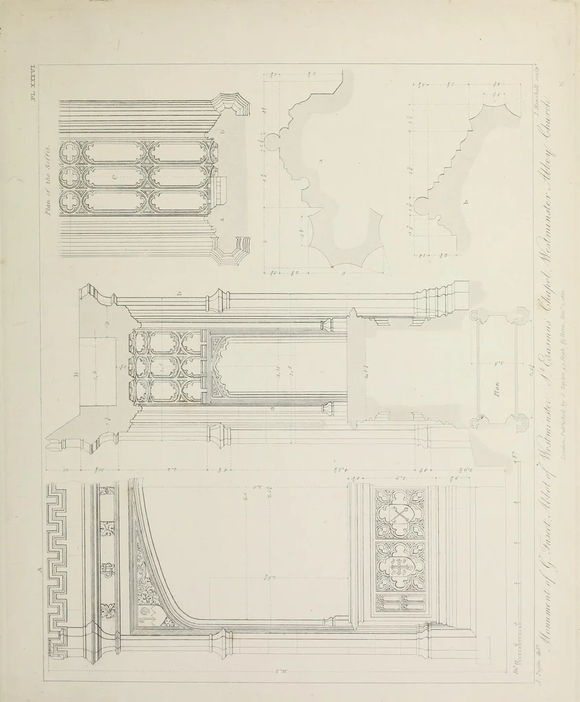 An illustration from Specimens of Gothic architecture : selected from various ancient edifices in England : consisting of plans, elevations, sections, and parts at large, calculated to exemplify the various styles, and the practical construction of this admired class of architecture, 1825, leaf 200