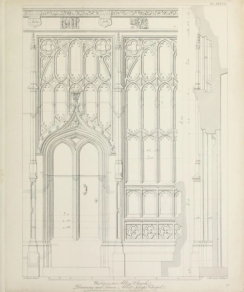 An illustration from Specimens of Gothic architecture : selected from various ancient edifices in England : consisting of plans, elevations, sections, and parts at large, calculated to exemplify the various styles, and the practical construction of this admired class of architecture, 1825, leaf 204