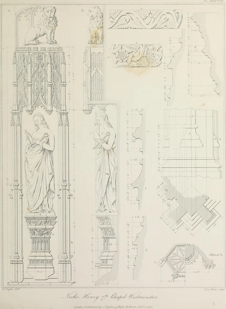 An illustration from Specimens of Gothic architecture : selected from various ancient edifices in England : consisting of plans, elevations, sections, and parts at large, calculated to exemplify the various styles, and the practical construction of this admired class of architecture, 1825, leaf 208