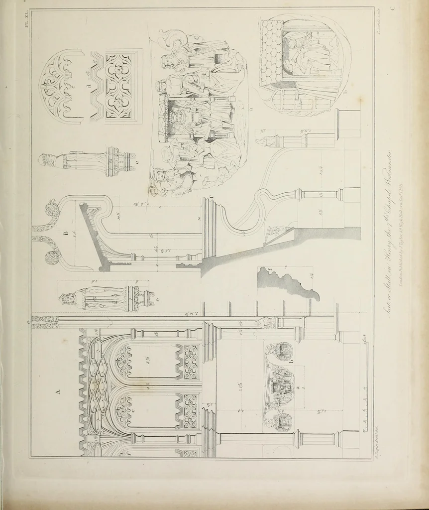 An illustration from Specimens of Gothic architecture : selected from various ancient edifices in England : consisting of plans, elevations, sections, and parts at large, calculated to exemplify the various styles, and the practical construction of this admired class of architecture, 1825, leaf 216