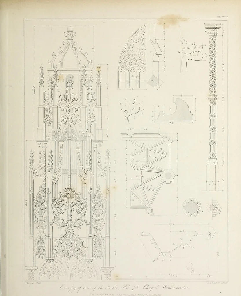 An illustration from Specimens of Gothic architecture : selected from various ancient edifices in England : consisting of plans, elevations, sections, and parts at large, calculated to exemplify the various styles, and the practical construction of this admired class of architecture, 1825, leaf 220