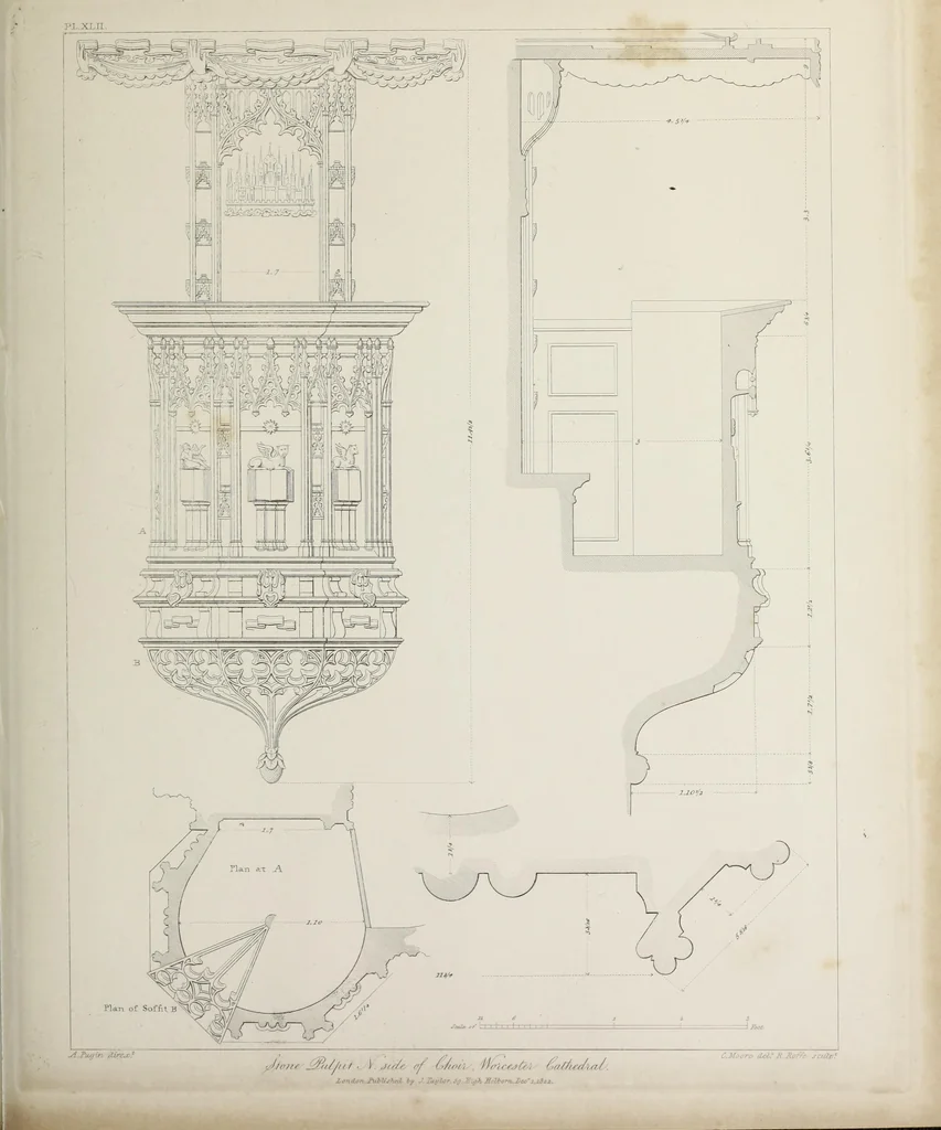An illustration from Specimens of Gothic architecture : selected from various ancient edifices in England : consisting of plans, elevations, sections, and parts at large, calculated to exemplify the various styles, and the practical construction of this admired class of architecture, 1825, leaf 224