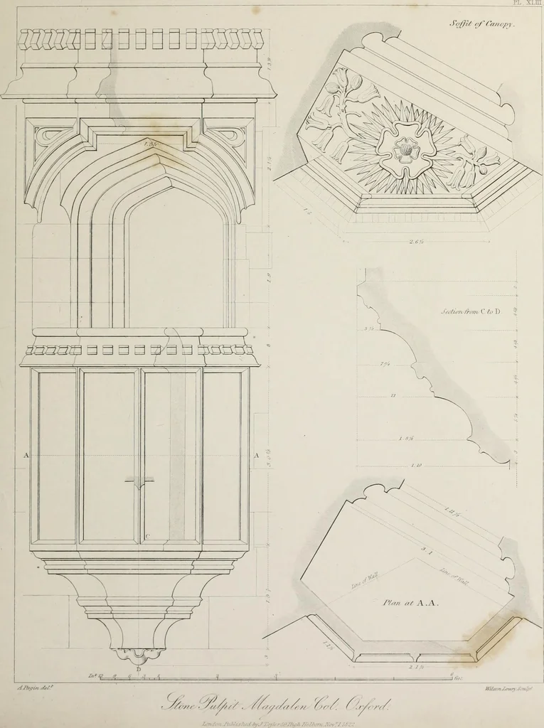 An illustration from Specimens of Gothic architecture : selected from various ancient edifices in England : consisting of plans, elevations, sections, and parts at large, calculated to exemplify the various styles, and the practical construction of this admired class of architecture, 1825, leaf 228